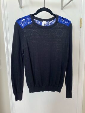 Black Crew Neck Sweater with Royal Blue Crochet Detail